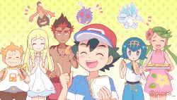 Rule 34 | 3boys, 3girls, :d, alolan form, alolan sandslash, artist name, ash ketchum, baseball cap, belt, blonde hair, blue eyes, blue hair, blue pants, blush, blush stickers, braid, brown pants, capri pants, closed eyes, closed mouth, commentary request, creatures (company), dark-skinned male, dark skin, dress, eating, eyelashes, flower, food, food on face, game freak, gen 1 pokemon, gen 6 pokemon, gen 7 pokemon, gourgeist, green hair, hair flower, hair ornament, hairband, hand up, hat, highres, holding, holding tray, jewelry, kiawe (pokemon), lana (pokemon), lillie (pokemon), long hair, mallow (pokemon), mei (maysroom), multiple boys, multiple girls, necklace, nintendo, notice lines, open mouth, orange hair, outline, pants, pink flower, pokemon, pokemon (anime), pokemon (creature), pokemon sm (anime), sailor collar, sandwich, shirt, short hair, short sleeves, shorts, smile, sophocles (pokemon), striped clothes, striped shirt, sweatdrop, teeth, tongue, topless male, tray, twin braids, twintails, venonat, white dress, white shirt, |d
