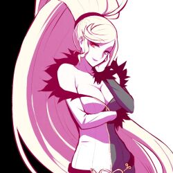 Rule 34 | 1girl, ahoge, arm under breasts, bare shoulders, black background, black eyes, blonde hair, breasts, cleavage, collarbone, dress, fur trim, hand on own face, heterochromia, high ponytail, hilda (under night in-birth), large breasts, lipstick, long hair, looking at viewer, makeup, multicolored background, ponytail, red eyes, simple background, smile, solo, swept bangs, tb (spr1110), under night in-birth, very long hair, white background