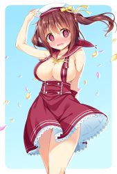 Rule 34 | 10s, 1girl, @ @, bad id, bad pixiv id, blush, breasts, brown hair, cleavage, collar, cowboy shot, ebina nana, female focus, gradient background, hat, highres, himouto! umaru-chan, kazuma (kazumav), large breasts, long hair, looking at viewer, naked suspenders, no shirt, open mouth, petals, red eyes, sailor collar, school uniform, skirt, solo, suspender skirt, suspenders, twintails, wavy mouth
