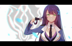 Rule 34 | 1girl, assault lily, ayumu (ayumu3659), black gloves, black necktie, blue jacket, blunt bangs, blurry, blurry background, blurry foreground, braid, breasts, butterfly hair ornament, chromatic aberration, commentary request, detached collar, emblem, epaulettes, falling petals, fang, fingerless gloves, funada kiito, glint, gloves, green eyes, grin, hair flip, hair ornament, half gloves, hand up, highres, jacket, large breasts, letterboxed, light blush, long hair, long sleeves, looking at viewer, necktie, petals, purple hair, side braid, single braid, smile, solo, upper body, white background