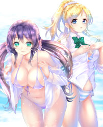 Rule 34 | 10s, 2girls, aqua eyes, ayase eli, bad id, bad pixiv id, bent over, bikini, bikini under clothes, blonde hair, blue eyes, blurry, blush, bokeh, bow, bowtie, breasts, buttons, cleavage, closed mouth, collarbone, collared shirt, cowboy shot, day, depth of field, dress shirt, front-tie bikini top, front-tie top, gluteal fold, hair ornament, hair scrunchie, large breasts, leaning forward, long hair, looking at viewer, love live!, love live! school idol project, low twintails, md5 mismatch, multiple girls, navel, no pants, open clothes, open shirt, parted lips, ponytail, ponytail korosuke, purple bikini, purple hair, school uniform, scrunchie, shirt, side-tie bikini bottom, sky, smile, sparkle, standing, stomach, striped bikini, striped bow, striped bowtie, striped clothes, striped neckwear, swept bangs, swimsuit, swimsuit under clothes, thigh gap, tojo nozomi, twintails, unbuttoned, undressing, water drop, white shirt