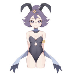 Rule 34 | 1girl, :3, acerola (pokemon), animal ears, arms behind back, black leotard, breasts, cleavage, closed mouth, commentary request, covered navel, cowboy shot, creatures (company), detached collar, eyelashes, game freak, highres, leotard, looking at viewer, nintendo, playboy bunny, pokemon, pokemon sm, purple hair, rabbit ears, sakana (mimic0811), short hair, simple background, smile, solo, topknot, white background, wrist cuffs