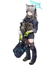 Rule 34 | 1girl, absurdres, alternate costume, animal ear fluff, animal ears, assault rifle, bag, bandaid, bandaid on face, bandaid on nose, blue archive, blue eyes, closed mouth, cross hair ornament, epakim, expressionless, extra ears, fingerless gloves, full body, gloves, green gloves, grey hair, gun, hair ornament, halo, headphones, highres, holding, holding bag, holding gun, holding weapon, looking at viewer, medium hair, rifle, shiroko (blue archive), simple background, solo, standing, weapon, white background, wolf ears