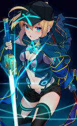 Rule 34 | 1girl, absurdres, ahoge, artoria pendragon (fate), baseball cap, black hat, black shorts, black thighhighs, blonde hair, blue eyes, blue jacket, blue scarf, blush, breasts, excalibur morgan (fate), fate/grand order, fate (series), hair between eyes, hair through headwear, hat, highres, himitsucalibur (fate), holding, holding sword, holding weapon, huge filesize, jacket, jun (aousa0328), long hair, long sleeves, looking at viewer, medium breasts, mysterious heroine x (fate), mysterious heroine x (third ascension) (fate), navel, open clothes, open jacket, open mouth, ponytail, rojiura satsuki: chapter heroine sanctuary, scarf, shorts, sidelocks, solo, sword, thighhighs, thighs, track jacket, weapon