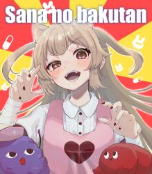 1girl absurdres animal_ears apron bandaged_arm bandages blush dress_shirt fangs heart heart_print highres light_brown_hair long_hair looking_at_viewer natori_sana nobu-k open_mouth orange_eyes pink_apron red_nails sana_channel shirt solo teeth virtual_youtuber white_shirt