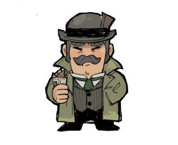 Rule 34 | 1boy, ace attorney, bowler hat, chibi, closed eyes, coat, collared shirt, facial hair, fish (food), fish and chips, food, full body, green coat, green necktie, grey hair, hand in pocket, hat, holding, holding food, long sleeves, male focus, mustache, necktie, old, old man, shirt, short hair, simple background, solo, standing, the great ace attorney, thick eyebrows, tobias gregson, wahootarou, white background, white shirt