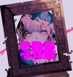 Rule 34 | 1girl, blood, commentary, danganronpa (series), danganronpa 2: goodbye despair, face, framed, highres, iei, looking at viewer, nanami chiaki, photo (object), picture frame, pink blood, pink eyes, pink hair, pixelated, shi chimi, simple background, solo, tears, white background