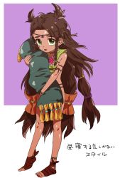 Rule 34 | 1girl, braid, brown hair, character request, dark-skinned female, dark skin, female focus, green eyes, highres, long hair, hugging object, open mouth, parted bangs, pillow, pillow hug, rokkotsu, solo, toes, two side up, yuba no shirushi