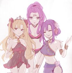 Rule 34 | 3girls, alternate costume, blonde hair, breasts, cleavage, closed eyes, corrupted twitter file, ereshkigal (fate), facial mark, fate/grand order, fate (series), forehead, forehead mark, highres, matou sakura, medium breasts, medusa (fate), midriff, multiple girls, parvati (fate), purple eyes, purple hair, red eyes, simple background, small breasts, swimsuit, twintails, upper body, white background, yumeko (fgo39625963)