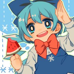 Rule 34 | 1girl, blue dress, blue eyes, blue hair, cirno, dress, food, fruit, hair ribbon, harrymiao, highres, ice, ice wings, long sleeves, matching hair/eyes, open mouth, popsicle, ribbon, short hair, smile, snowflakes, solo, touhou, upper body, watermelon, watermelon bar, wings