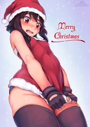 Rule 34 | 1girl, alternate hairstyle, artist name, ass, bare arms, black gloves, black hair, blush, breasts, commentary, covering crotch, covering privates, dress, english commentary, fingerless gloves, gloves, hat, jack rockhardt, kono subarashii sekai ni shukufuku wo!, looking down, megumin, merry christmas, open mouth, panties, pixiv username, purple panties, red dress, red eyes, santa costume, santa hat, short hair with long locks, small breasts, solo, thighhighs, underwear