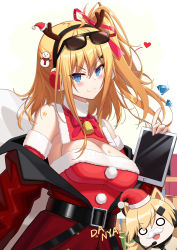 Rule 34 | 1girl, absurdres, belt, blue eyes, bow, bowtie, breasts, chibi, christmas, christmas dress, cleavage, closed mouth, clothes pull, eyewear on head, girls&#039; frontline, hair ornament, hair ribbon, headphones, highres, idw (girls&#039; frontline), jacket, jacket pull, jiafei2o3, kalina (girls&#039; frontline), long hair, looking at viewer, medium breasts, orange hair, pink bow, pink bowtie, red jacket, red ribbon, ribbon, smile, solo, white background