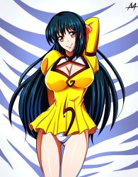 Rule 34 | 1990s (style), 1girl, agent aika, aika (series), artist request, bad anatomy, bare legs, bed, blue hair, breasts, brown eyes, cleavage, closed mouth, delmo, dress, female focus, golden delmo, hair ribbon, highres, legs, long hair, looking at viewer, lying, miniskirt, on back, panties, pantyshot, retro artstyle, ribbon, rie petoriyacowa, shiny skin, short dress, skirt, smile, solo, underwear, uniform, upper body, upskirt, very long hair, white panties