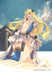 Rule 34 | 10s, 1girl, architecture, bird, blonde hair, blue eyes, breasts, bridal gauntlets, cleavage, cloud, column, covered erect nipples, day, from below, greco-roman architecture, keypot, kneeling, large breasts, long hair, magic circle, navel, no shoes, official art, open clothes, open mouth, outdoors, pillar, single thighhigh, skirt, sky, solo, striped clothes, striped thighhighs, thighhighs, vertical-striped clothes, vertical-striped thighhighs, very long hair, wide hips, wixoss