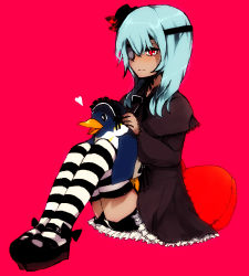 Rule 34 | 1boy, bird, blush, crossdressing, dark skin, dress, eyepatch, frown, hat, heart, inazuma eleven, inazuma eleven (series), lolita fashion, male focus, mary janes, open mouth, penguin, pillow, red eyes, sakuma jirou, shoes, short hair, shorts, simple background, sitting, solo, striped clothes, striped thighhighs, thighhighs, trap, white hair