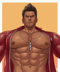 Rule 34 | 1boy, abs, absurdres, bara, brown eyes, brown hair, clothes, dead or alive, dead or alive 6, diego, diego (dead or alive), ear piercing, facial hair, highres, jacket, jewelry, looking at viewer, male focus, muscular, necklace, nipples, pectorals, piercing, scar, shirt, short hair, simple background, solo, tan, tecmo