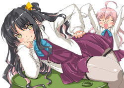 Rule 34 | 10s, 2girls, ^ ^, ahoge, arms up, black hair, head rest, dd (ijigendd), dress, closed eyes, glasses, hair ribbon, jacket, kantai collection, long hair, looking at viewer, makigumo (kancolle), multicolored hair, multiple girls, naganami (kancolle), pantyhose, pink hair, purple dress, purple skirt, ribbon, skirt, sleeves past wrists, smile, yellow eyes