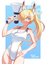 Rule 34 | 1girl, alternate costume, alternate hairstyle, animal ear fluff, animal ears, aqua eyes, blonde hair, blue archive, collarbone, commentary request, competition school swimsuit, copyright name, dog ears, dog girl, extra ears, groin, hair over one eye, halo, hand on own hip, hibun tsukasa, highres, holding, holding megaphone, kanna (blue archive), long hair, looking at viewer, megaphone, parted bangs, ponytail, school swimsuit, sharp teeth, sidelocks, simple background, solo, swimsuit, teeth, two-tone background, whistle, whistle around neck