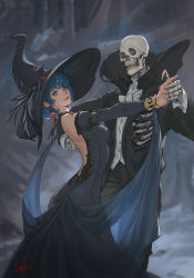 Rule 34 | 1boy, 1girl, absurdres, arched back, arm around back, back, backless dress, backless outfit, black choker, black dress, blue eyes, blue hair, breasts, choker, commentary request, dancing, dress, earrings, formal, holding hands, hat, high collar, highres, jack-o&#039;-lantern, jack-o&#039;-lantern earrings, jewelry, lips, long sleeves, medium breasts, original, shaonav, shawl, skeleton, studded bracelet, suit, tango, witch, witch hat