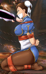 Rule 34 | 2girls, arms behind back, ass, bdsm, bondage, bound, bound ankles, bound arms, bound legs, bound wrists, breasts, brown eyes, brown hair, bun cover, capcom, chain, chinese clothes, chun-li, double bun, foot on another&#039;s face, gag, gagged, hair bun, han juri, highres, improvised gag, kneeling, large breasts, legs, long legs, lost one zero, multiple girls, nail polish, pantyhose, pink toenails, seiza, short hair, sitting, street fighter, sweat, tape, tape bondage, tape gag, toeless legwear, toenail polish, toenails