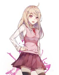 Rule 34 | 10s, 1girl, ahoge, akamatsu kaede, black thighhighs, blonde hair, breasts, brown skirt, collared shirt, cowboy shot, danganronpa (series), danganronpa v3: killing harmony, fortissimo, hair ornament, hand on own hip, highres, long hair, long sleeves, looking at viewer, medium breasts, musical note, musical note hair ornament, necktie, open mouth, pleated skirt, purple eyes, quaver, red necktie, shirt, simple background, skirt, smile, solo, sweater vest, teeth, thighhighs, white background, white shirt, wing collar, xoaiu, zettai ryouiki