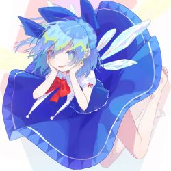 Rule 34 | 1girl, absurdres, bare legs, barefoot, blue bow, blue eyes, blue hair, blue skirt, blue vest, bow, cirno, collared shirt, fairy, fang, hair between eyes, hair bow, highres, ice, ice wings, open mouth, puffy short sleeves, puffy sleeves, shirt, short hair, short sleeves, skin fang, skirt, smile, solo, teruteru (teru teru), touhou, vest, white shirt, wings