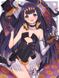 Rule 34 | 1girl, black hair, blush, book, collarbone, elbow gloves, flat chest, food, gloves, hair ornament, highres, hololive, hololive english, low wings, mi taro333, mole, mole under eye, ninomae ina&#039;nis, ninomae ina&#039;nis (1st costume), open mouth, purple eyes, single elbow glove, single thighhigh, takoyaki, tentacles, thighhighs, virtual youtuber, wings