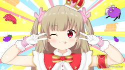 Rule 34 | &gt; &lt;, 1girl, ;q, armband, brown hair, rabbit hair ornament, capelet, closed mouth, commentary request, crown, double v, eggplant, fur-trimmed capelet, fur-trimmed headwear, fur trim, gloves, hair ornament, hands up, long hair, mini crown, mitya, natori sana, one eye closed, red capelet, red eyes, saana-kun, sana channel, shirt, shrimp, smile, sparkle, tilted headwear, tongue, tongue out, twitter username, two side up, upper body, v, v over eye, virtual youtuber, white gloves, white shirt