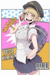 Rule 34 | 10s, 1girl, armpit peek, armpits, backpack, badge, bag, barcode, blonde hair, blunt bangs, blush, boku no hero academia, bra, bra peek, bra visible through clothes, breasts, button badge, cabbie hat, cellphone, character name, cowboy shot, double bun, english text, fangs, hair bun, hat, ina (gokihoihoi), knife, large breasts, looking at viewer, messy hair, open mouth, peaked cap, phone, polka dot, polka dot background, school bag, school uniform, see-through, shirt, short sleeves, skirt, smile, smiley face, solo, spoilers, text focus, toga himiko, underwear, weapon, white shirt, yellow eyes