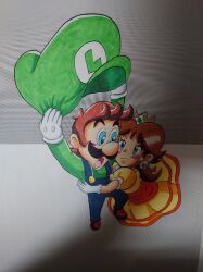 Rule 34 | 1boy, 1girl, blue eyes, blush, brown hair, crown, dress, facial hair, floating, from above, gloves, hat, holding, hug, looking at another, luigi, mario (series), mustache, nintendo, open mouth, orange dress, overalls, princess daisy, puffy short sleeves, puffy sleeves, short sleeves, super mario bros. wonder