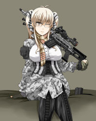 Rule 34 | 1girl, assault rifle, battle rifle, bipod, blonde hair, boots, breasts, brown eyes, corset, enoshima iki, fingerless gloves, glasses, gloves, gun, large breasts, crossed legs, long hair, m14, military, one eye closed, original, rifle, scarf, scope, shirt, sitting, smile, sniper rifle, solo, source request, taut clothes, taut shirt, twintails, weapon, wink