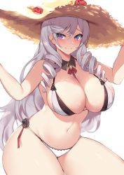 Rule 34 | 1girl, algerie (azur lane), algerie (white sand paradise) (azur lane), algerie (white sand paradise) (azur lane), azur lane, bikini, blush, breasts, cleavage, closed mouth, curvy, flower, hat, kuavera, large breasts, long hair, looking at viewer, mole, mole on breast, mole under eye, neck ribbon, purple eyes, red flower, red ribbon, ribbon, silver hair, simple background, smile, solo, straw hat, swimsuit, thick thighs, thighs, two-tone bikini, white background