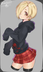 Rule 34 | 10s, 1girl, black thighhighs, blonde hair, border, brown eyes, closed mouth, cowboy shot, earrings, from side, grey background, hair over one eye, hood, hoodie, idolmaster, idolmaster cinderella girls, isshiki (ffmania7), jewelry, looking at viewer, plaid, plaid skirt, red skirt, shirasaka koume, short hair, signature, simple background, sketch, skirt, sleeves past wrists, smile, solo, thighhighs, twitter username