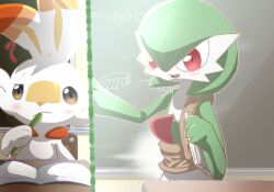 Rule 34 | 1girl, 1other, :/, ?, animal hands, animal nose, arm up, blush, bob cut, body fur, book, brown eyes, chair, chalkboard, classroom, closed mouth, clothed pokemon, colored skin, creatures (company), day, desk, flat chest, furry, game freak, gardevoir, gen 3 pokemon, gen 8 pokemon, green hair, green skin, hair between eyes, hand up, happy, holding, holding book, holding pencil, indoors, japanese text, light blush, multicolored skin, nintendo, okuyami kitsune, on chair, open book, open mouth, pencil, pointing, pokemon, pokemon (creature), rabbit ears, red eyes, school chair, school desk, scorbunny, short hair, sitting, smile, standing, teacher, translation request, two-tone skin, uneven eyes, upper body, white fur, white skin