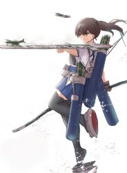 Rule 34 | 1girl, aircraft, arrow (projectile), black thighhighs, blue hakama, bow (weapon), brown eyes, brown gloves, brown hair, closed mouth, flight deck, gloves, hair between eyes, hakama, hakama short skirt, hakama skirt, highres, holding, holding bow (weapon), holding weapon, japanese clothes, k jie, kaga (kancolle), kantai collection, leg up, muneate, partially fingerless gloves, partly fingerless gloves, ponytail, quiver, side ponytail, simple background, single glove, skirt, solo, tassel, thighhighs, weapon, white background, yugake