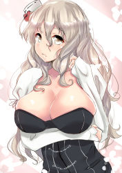 Rule 34 | 10s, 1girl, absurdres, blush, breasts, brown eyes, cleavage, hat, highres, kantai collection, large breasts, long hair, looking at viewer, pola (kancolle), sankakusui, silver hair, solo, upper body