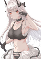Rule 34 | 1girl, arknights, bare arms, bare shoulders, black gloves, black tank top, breasts, cleavage, commentary request, crop top, gloves, hand up, highres, holding, horns, large breasts, long hair, looking at viewer, material growth, meeneru, midriff, mudrock (arknights), mudrock (elite ii) (arknights), navel, oripathy lesion (arknights), parted lips, pointy ears, red eyes, sarashi, simple background, solo, stomach, tank top, upper body, very long hair, white background, white hair