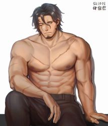 Rule 34 | 1boy, abs, aslan valcarios, bad id, bad twitter id, bara, black hair, facial hair, large pectorals, lord of heroes, male focus, mature male, muscular, muscular male, navel, nipples, one eye closed, pectorals, sdz (inazuma), solo, topless male