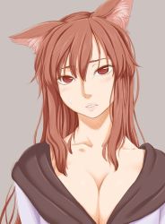 Rule 34 | 1girl, animal ears, arms at sides, blush, breasts, brooch, brown hair, cleavage, ears down, grey background, hair between eyes, head tilt, imaizumi kagerou, jewelry, large breasts, lips, long hair, looking at viewer, parted lips, poronegi, red eyes, simple background, solo, sweat, sweatdrop, touhou, upper body, wolf ears