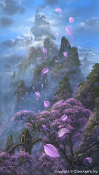 Rule 34 | bridge, castle, cherry blossoms, cloud, kazumasa uchio, landscape, mountain, no humans, petals, scenery, sky, tenkuu no crystalia, tree, uchio kazumasa