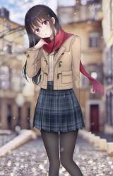 Rule 34 | 1girl, absurdres, adjusting scarf, arm behind back, black hair, black pantyhose, black skirt, blurry, blurry background, brown eyes, brown jacket, brown sweater, commentary request, day, feet out of frame, head tilt, highres, isshokuitaru, jacket, long hair, long sleeves, looking at viewer, open clothes, open jacket, open mouth, original, outdoors, pantyhose, pleated skirt, red scarf, ribbed sweater, scarf, signature, skirt, snowing, solo, sweater, turtleneck, turtleneck sweater