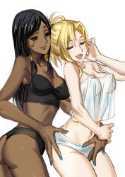 Rule 34 | 2girls, aqua nails, ass, babydoll, bad anatomy, bad hands, bare shoulders, black bra, black eyes, black hair, black panties, blonde hair, bra, braid, breasts, brown lips, cleavage, closed eyes, closed mouth, collarbone, cowboy shot, dark-skinned female, dark skin, eye of horus, facial mark, facial tattoo, fingernails, hair ornament, hair tie, hair tubes, hand grab, hand on another&#039;s crotch, hand up, hands on another&#039;s hips, interracial, large breasts, lingerie, lips, lipstick, long fingernails, long hair, makeup, medium breasts, mercy (overwatch), midriff, multiple girls, nail polish, navel, open mouth, overwatch, overwatch 1, panties, perky breasts, pharah (overwatch), ponytail, poorly drawn, red lips, see-through, side braid, simple background, smile, strapless, strapless bra, streamingsun, swept bangs, tattoo, thong, underwear, very dark skin, white background, white panties, yuri