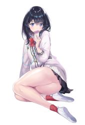 Rule 34 | 1girl, ass, bad id, bad pixiv id, bare legs, black hair, black skirt, blue eyes, blush, bow, bowtie, breasts, cardigan, collared shirt, earbuds, earphones, gridman universe, hair between eyes, holding, holding phone, long hair, long sleeves, looking at viewer, m2 (guvn5745), medium breasts, phone, pleated skirt, red bow, red bowtie, red socks, school uniform, shirt, simple background, sitting, skirt, socks, solo, ssss.gridman, takarada rikka, thick thighs, thighs, white cardigan, white footwear