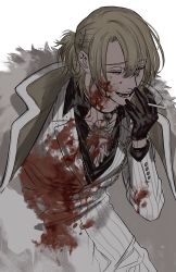 Rule 34 | 1boy, black gloves, black shirt, blonde hair, blood, blood on clothes, blood on face, chest tattoo, cigarette, closed eyes, coat, coat on shoulders, fangs, formal, fur coat, gloves, highres, holding, holding cigarette, jacket, jewelry, laughing, long hair, long sleeves, luca kaneshiro, luca kaneshiro (1st costume), male focus, necklace, nijisanji, nijisanji en, one side up, open mouth, pants, pinstripe pattern, shirt, simple background, smoke, solo, striped, suit, tattoo, upper body, uro (uefyp), virtual youtuber, white background, white coat, white jacket, white pants, white suit, wing collar
