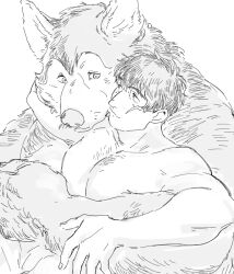 Rule 34 | 2boys, alternate pectoral size, bara, character request, chest hair, completely nude, couple, eye contact, furrification, furry, furry male, furry with non-furry, greyscale, hug, hug from behind, interspecies, kekkai sensen, large pectorals, looking at another, male focus, mature male, monochrome, multiple boys, muscular, muscular male, nore (boosuke), nude, pectorals, short hair, sideburns, smile, steven a. starphase, upper body, whiskers, wolf boy, yaoi