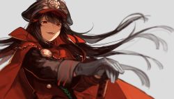 Rule 34 | 1girl, bad id, bad pixiv id, black hair, blurry, bunko (fumimatsu), cape, crest, depth of field, family crest, fate (series), from below, gloves, grey background, hands on hilt, hat, katana, koha-ace, long hair, looking at viewer, narrowed eyes, oda nobunaga (fate), oda nobunaga (koha-ace), open mouth, peaked cap, red cape, red eyes, smile, solo, sword, teeth, weapon