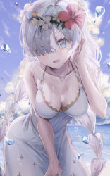 Rule 34 | 00nanona, 1girl, absurdres, anastasia (fate), anastasia (swimsuit archer) (fate), anastasia (swimsuit archer) (second ascension) (fate), bare shoulders, beach, blue eyes, blue sky, blush, braid, breasts, cleavage, collarbone, dress, dress swimsuit, fate/grand order, fate (series), flower wreath, hair over one eye, head wreath, highres, ice, large breasts, long hair, looking at viewer, ocean, open mouth, shore, silver hair, sky, smile, solo, twin braids, very long hair, white dress