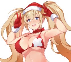 Rule 34 | 1girl, bikini, blush, breasts, cleavage, fumikiri, gambier bay (kancolle), gloves, hands up, hat, kantai collection, large breasts, long hair, looking at viewer, open mouth, purple eyes, red bikini, red gloves, red hat, santa hat, simple background, solo, swimsuit, twintails, upper body, v, w, white background