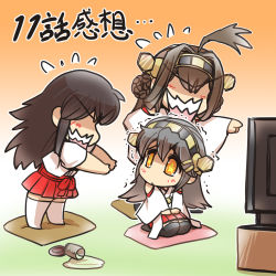 Rule 34 | 10s, 3girls, ahoge, akagi (kancolle), brown hair, chibi, commentary, cup, cushion, double bun, flying sweatdrops, grey hair, hair bun, hairband, hakama, hakama skirt, hands on lap, haruna (kancolle), headgear, hisahiko, japanese clothes, kantai collection, kongou (kancolle), long hair, looking at another, multiple girls, open mouth, orange eyes, outstretched arms, pleated skirt, pointing, red hakama, red skirt, revision, seiza, single hair bun, sitting, sitting on pillow, skirt, spill, star-shaped pupils, star (symbol), symbol-shaped pupils, tea, television, thighhighs, translated, trembling, yunomi