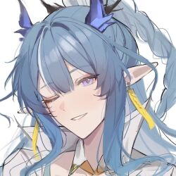 Rule 34 | 1girl, ;d, arknights, blue hair, chinese commentary, close-up, commentary request, dragon girl, dragon horns, earrings, horns, jewelry, ling (arknights), long hair, looking at viewer, one eye closed, open mouth, pink eyes, pointy ears, portrait, shishan979 (seleneebai), simple background, sketch, smile, solo, white background